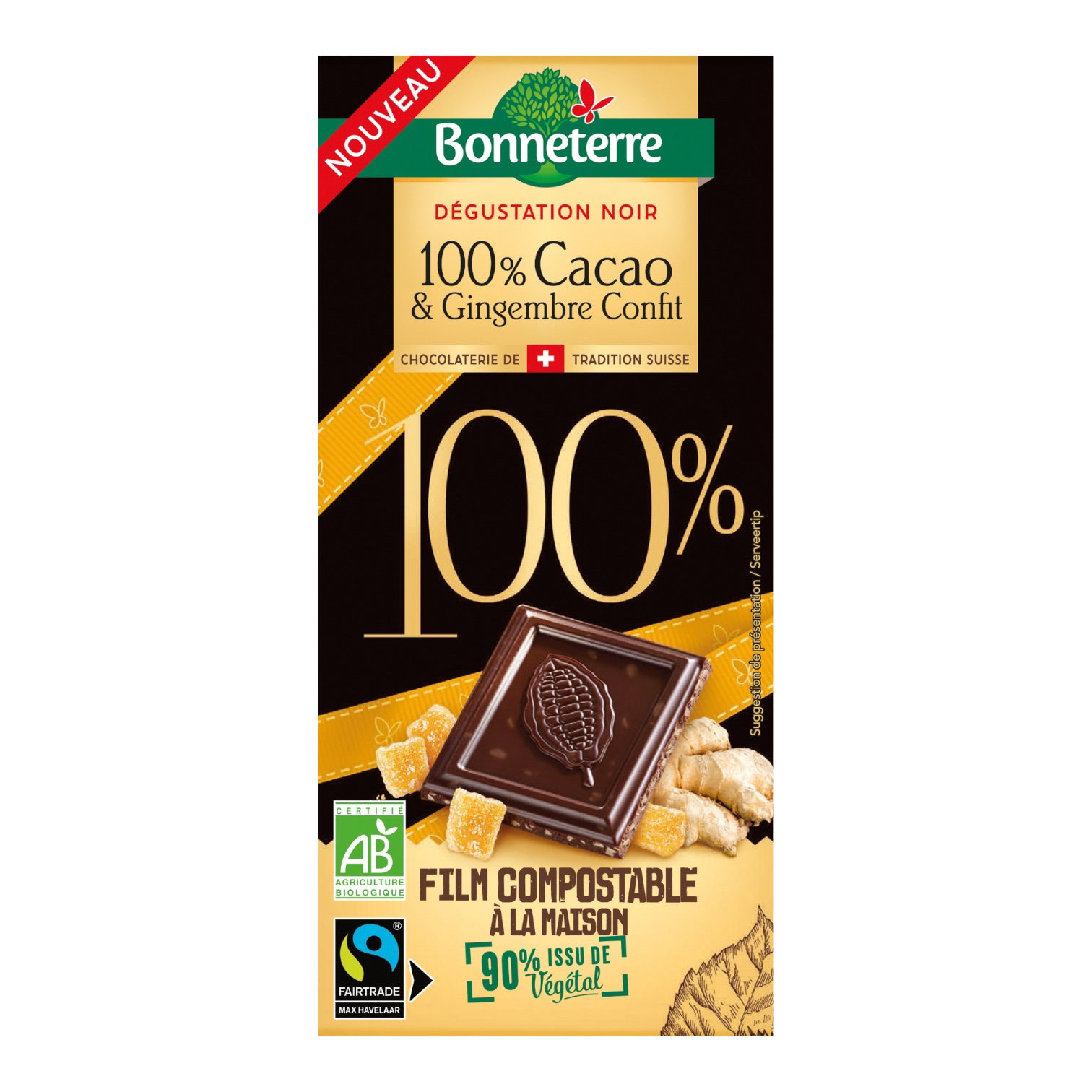 CHOCOLAT NOIR 100% CACAO GINGEMBRE 90G