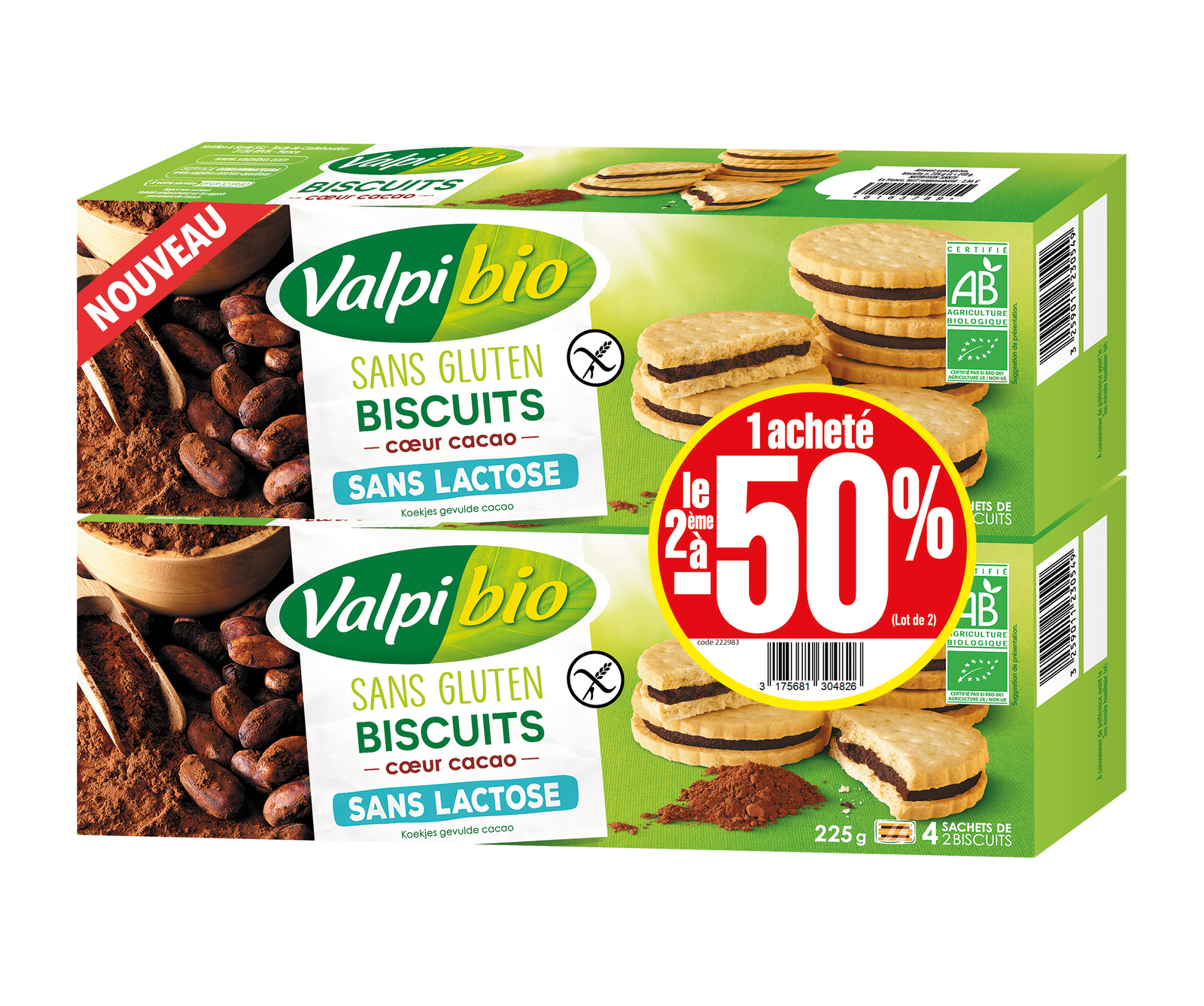 LOT BISCUIT FOURRE CACAO 2X225G